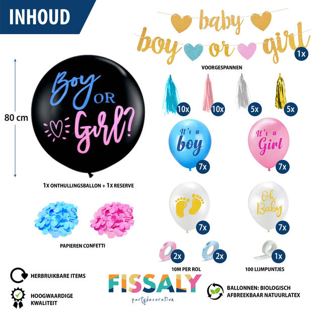 Fissaly® 42 Stuks Gender Reveal Party Ballonnen Decoratie - Baby Boy or Girl Feestpakket – Roze & Blauw