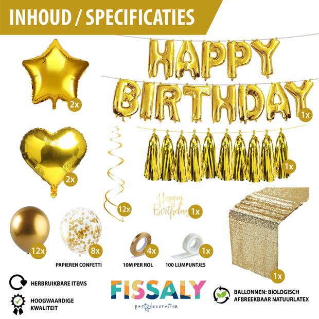 Fissaly® 45 Stuks Gouden Verjaardag Decoratie Versiering met Ballonnen – Happy Birthday Party Goud – Feest - Helium