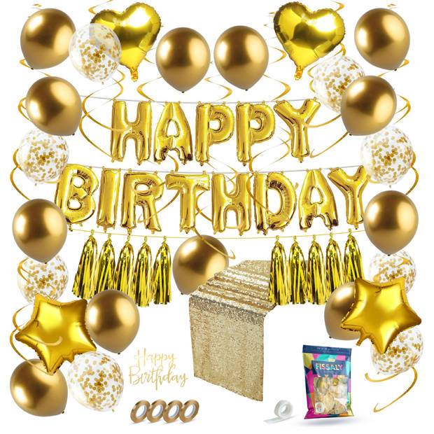 Fissaly® 45 Stuks Gouden Verjaardag Decoratie Versiering met Ballonnen – Happy Birthday Party Goud – Feest - Helium