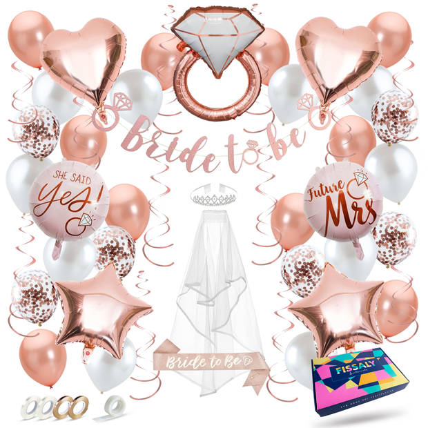 Fissaly® 56 stuks Bride To Be Decoratie Set – Vrijgezellenfeest Vrouw – Inclusief Ballonnen, Sjerp, Sluier & Accessoires