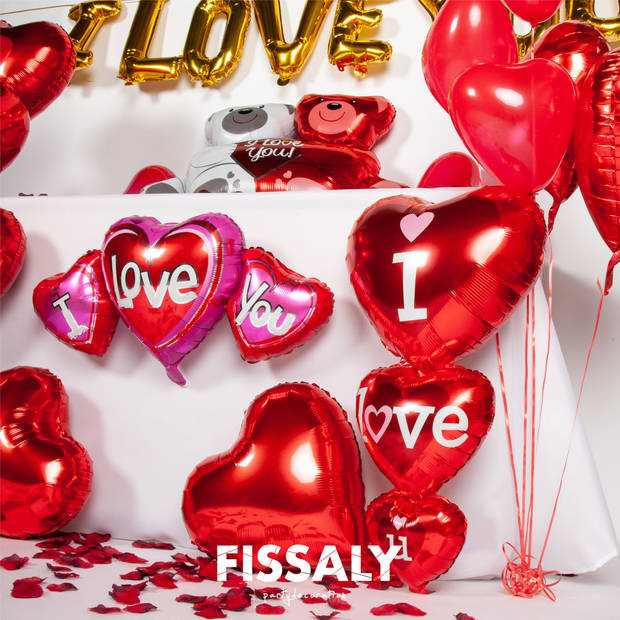 Fissaly® 70 Stuks I Love You Liefde & Hartjes Decoratie Set – Versiering Cadeautje - Ballonnen - Hem & Haar - Rood