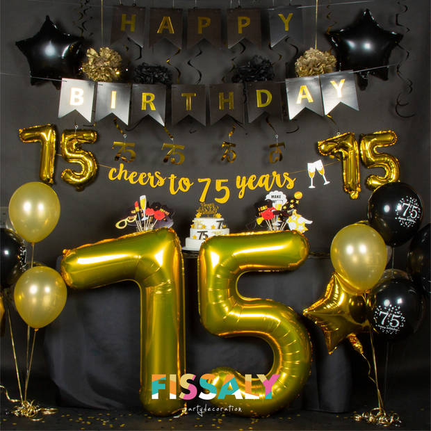 Fissaly® 75 Jaar Verjaardag Decoratie Versiering - Ballonnen – Helium, Latex & Confetti Ballonnen - Zwart en Goud