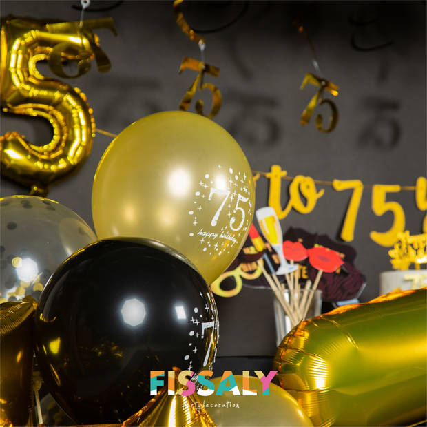 Fissaly® 75 Jaar Verjaardag Decoratie Versiering - Ballonnen – Helium, Latex & Confetti Ballonnen - Zwart en Goud