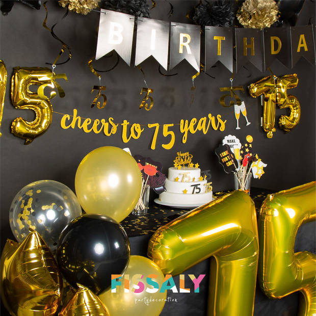 Fissaly® 75 Jaar Verjaardag Decoratie Versiering - Ballonnen – Helium, Latex & Confetti Ballonnen - Zwart en Goud