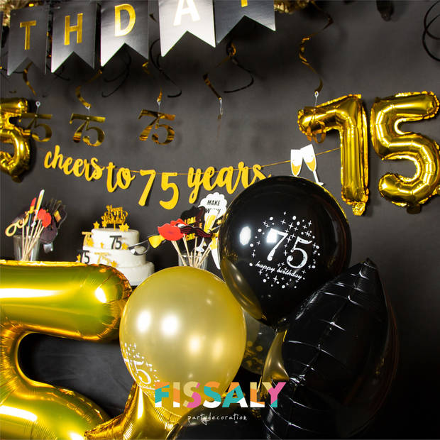 Fissaly® 75 Jaar Verjaardag Decoratie Versiering - Ballonnen – Helium, Latex & Confetti Ballonnen - Zwart en Goud