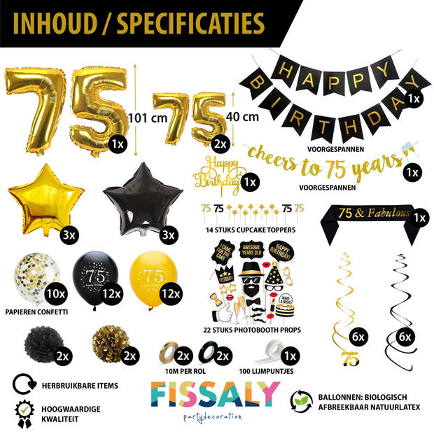 Fissaly® 75 Jaar Verjaardag Decoratie Versiering - Ballonnen – Helium, Latex & Confetti Ballonnen - Zwart en Goud