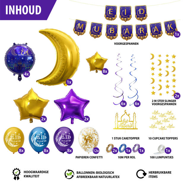 Fissaly® 84 Stuks Eid Mubarak Feest Versiering – Ramadan Decoratie – Islam - Suikerfeest - Ballonnen & Accessoires