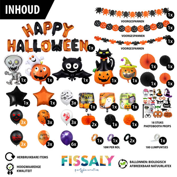 Fissaly® 89 Stuks Halloween Decoratie Set – Griezelige Feest Versiering met Slingers & Ballonnen - Feestversiering