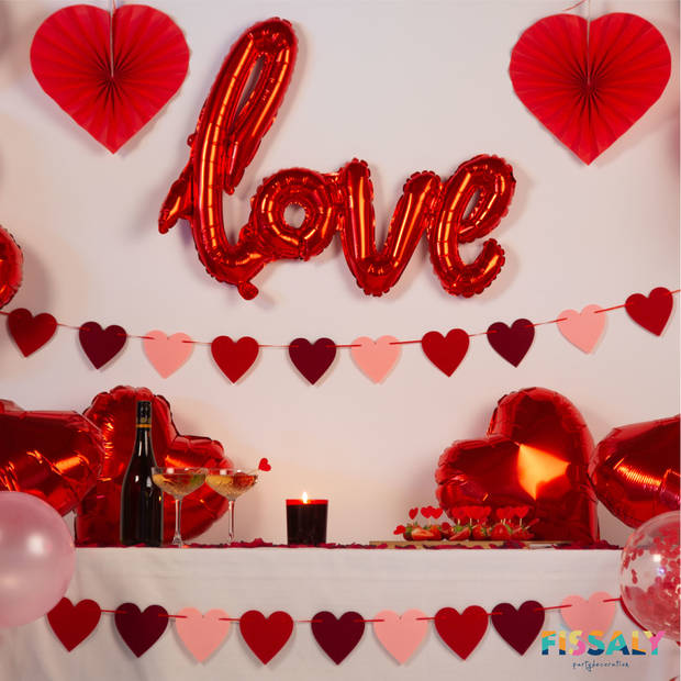 Fissaly® 89 Stuks Liefde & Hartjes Decoratie Set Helium & Papieren Confetti Ballonnen en Lint – I Love you - Rood