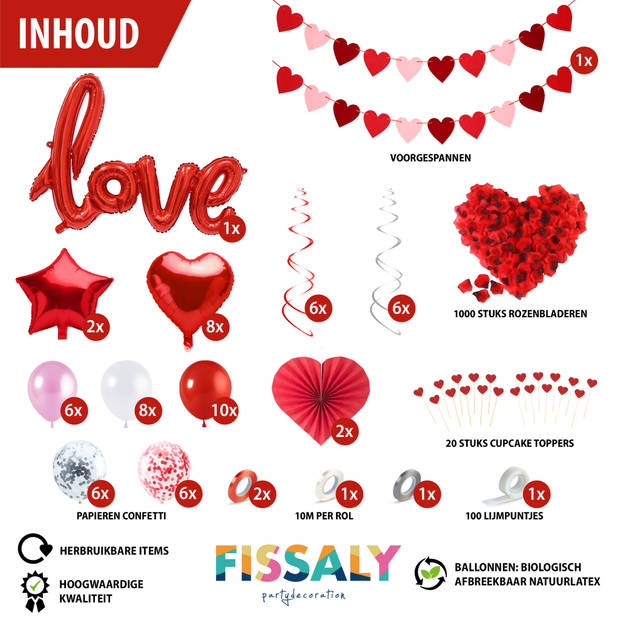 Fissaly® 89 Stuks Liefde & Hartjes Decoratie Set Helium & Papieren Confetti Ballonnen en Lint – I Love you - Rood