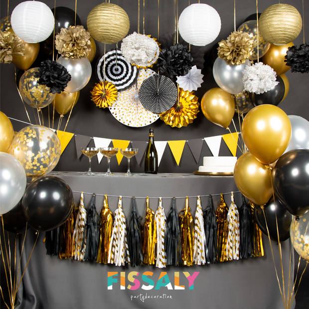 Fissaly® 76 Stuks Goud, Zwart & Wit Decoratie Feestpakket met Ballonnen – Versiering – Papieren Confetti – Latex