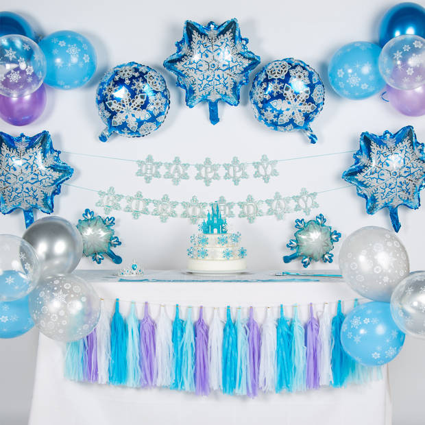 Fissaly® 77 Stuks Frozen Thema Verjaardag Decoratie Versiering – Feestpakket met Ballonnen, Taart Decoratie & Slingers
