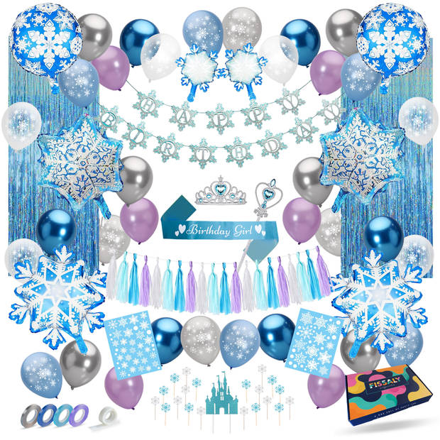 Fissaly® 77 Stuks Frozen Thema Verjaardag Decoratie Versiering – Feestpakket met Ballonnen, Taart Decoratie & Slingers