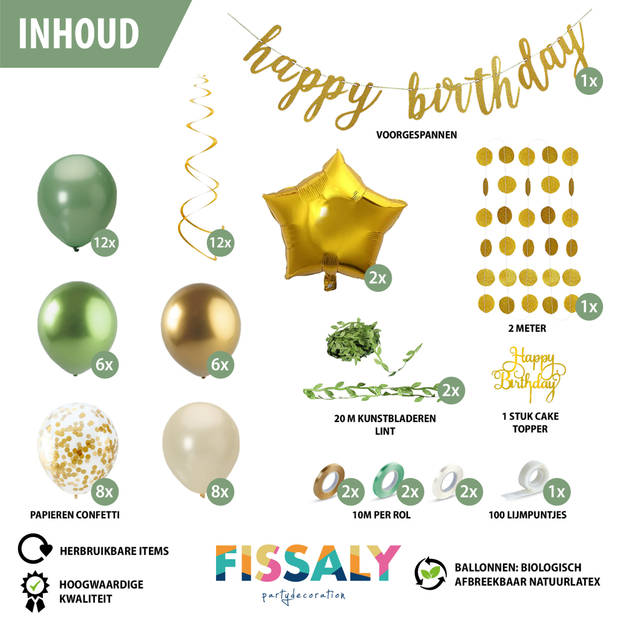 Fissaly® Happy Birthday Verjaardag Feestpakket Groen, Goud & Beige - Papieren Confetti Ballonnen – Decoratie Versiering