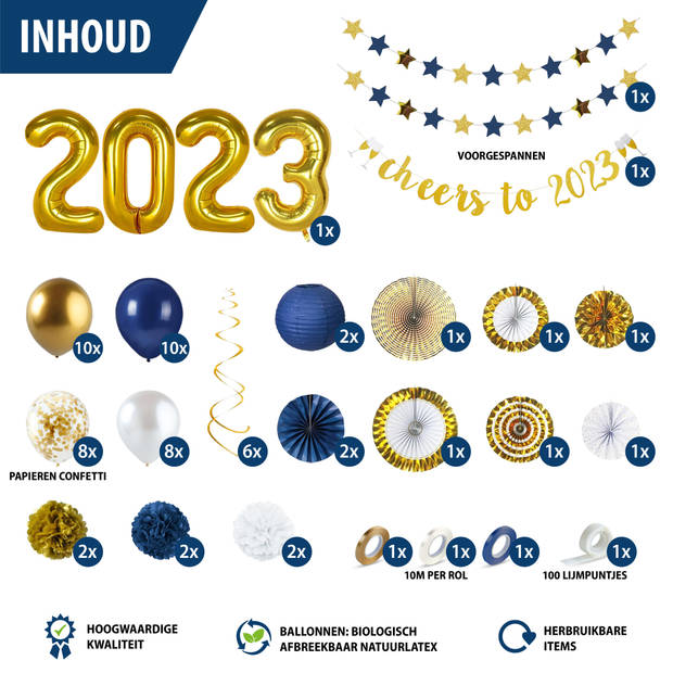 Fissaly® Happy New Year 2024 Versiering Pakket - Oudjaar & Nieuwjaar Pakket - Ballonnen Feestpakket – Goud, Wit & Blauw