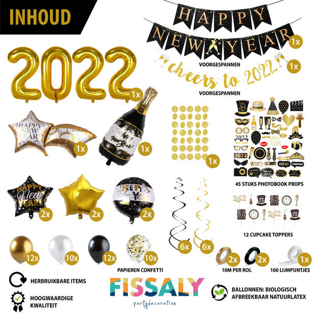 Fissaly® Happy New Year 2024 Versiering Pakket - Oudjaar & Nieuwjaar Pakket - Ballonnen – Zwart, Goud & Wit