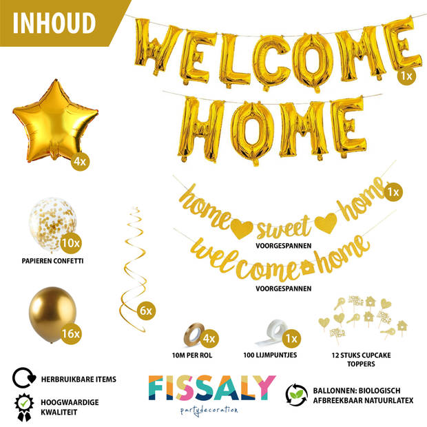 Fissaly® Welkom Thuis Gouden Versiering – Welcome Home Decoratie - Suprise Party – Inclusief Ballonnen & Accessoires