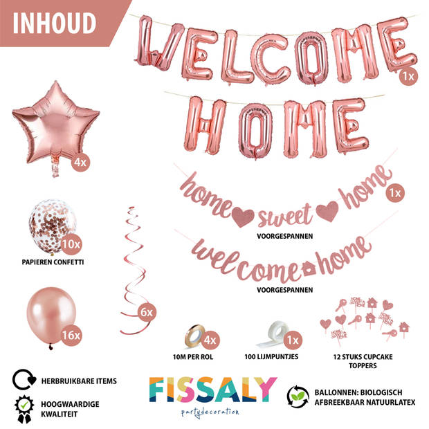 Fissaly® Welkom Thuis Rose Goud Versiering – Welcome Home Decoratie - Suprise Party – Inclusief Ballonnen & Accessoires