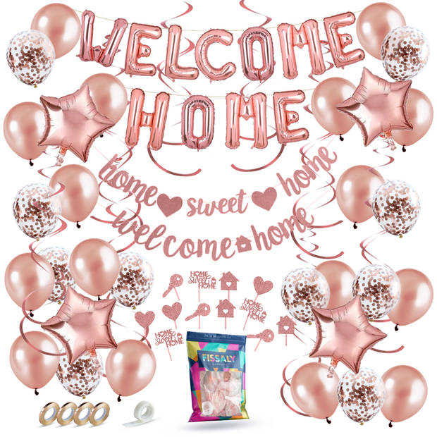 Fissaly® Welkom Thuis Rose Goud Versiering – Welcome Home Decoratie - Suprise Party – Inclusief Ballonnen & Accessoires