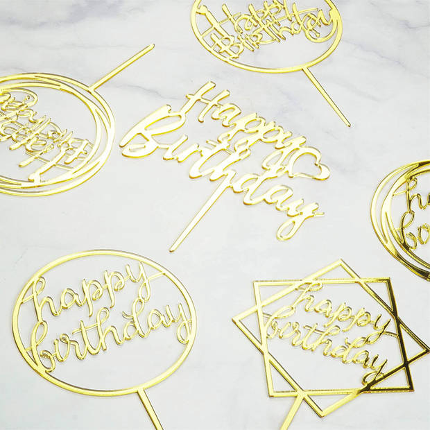 Fissaly® 6 Stuks Gouden Happy Birthday Taarttopper & Caketopper Set – Taartversiering – Decoratie Topper