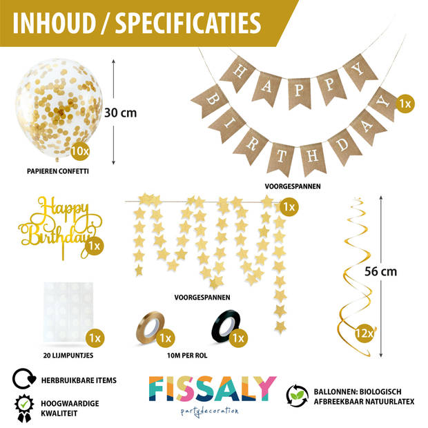 Fissaly® Verjaardag Jute Slinger met Papieren Gouden Confetti Ballonnen – Decoratie – Happy Birthday - Letterslinger