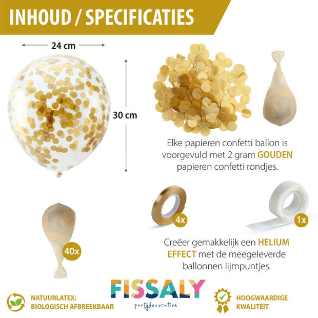 Fissaly® 40 Stuks Luxe Gouden Papieren Confetti Helium Ballonnen met Lint – Decoratie - Feest Versiering - Latex