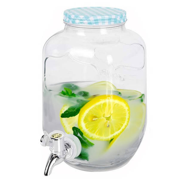 Excellent Houseware Drankdispenser/limonadetap - met tapje - glas - 4 liter - blauw/wit geblokte dop - 15 x 26 cm - Dran