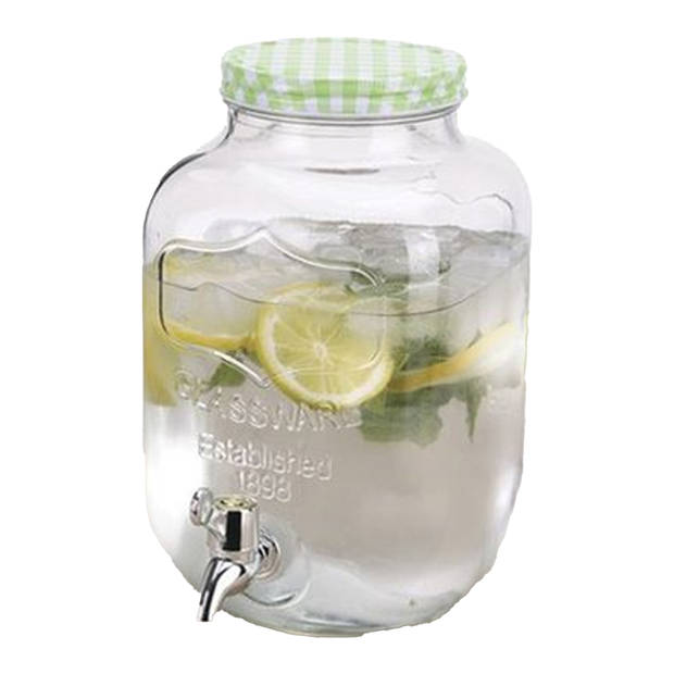 Excellent Houseware Drankdispenser/limonadetap - met tapje - glas - 4 liter - groen/wit geblokte dop - 15 x 26 cm - Dran