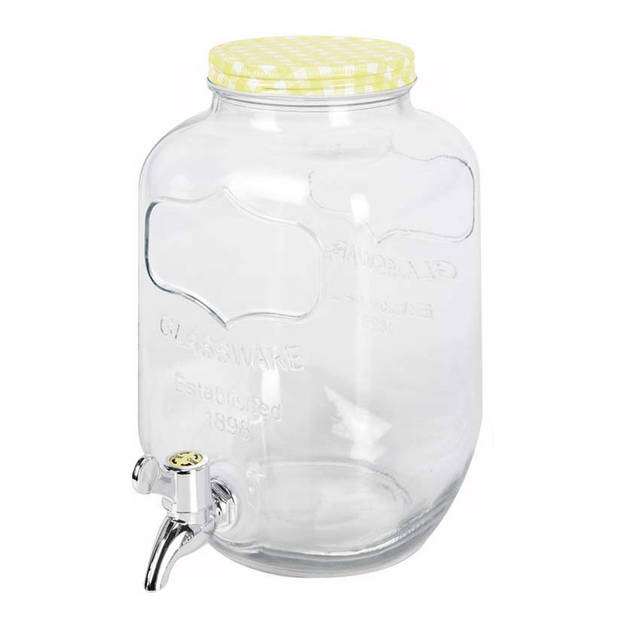 2x stuks glazen drankdispensers/limonadetap met geel/wit geblokte dop 4 liter - Drankdispensers