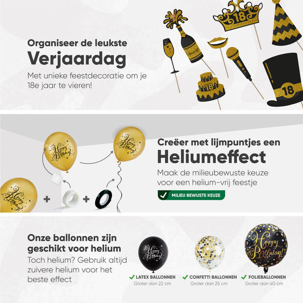 Fissaly® 18 Jaar Zwart & Goud Verjaardag Decoratie Versiering - Helium, Latex & Papieren Confetti Ballonnen