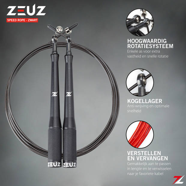 ZEUZ® Professioneel Crossfit & Fitness Springtouw – Verstelbaar – Speed Rope – Volwassenen – SR-2 - Zwart