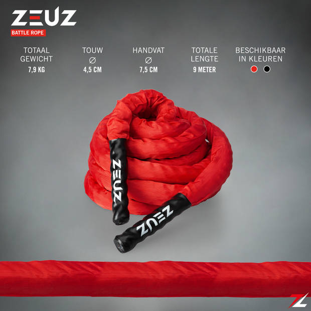 ZEUZ® 9 Meter Battle Rope inclusief Bevestigingsmateriaal – Training Touw – Fitness & Crossfit – Thuis trainen - Rood