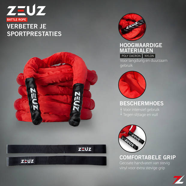 ZEUZ® 9 Meter Battle Rope inclusief Bevestigingsmateriaal – Training Touw – Fitness & Crossfit – Thuis trainen - Rood