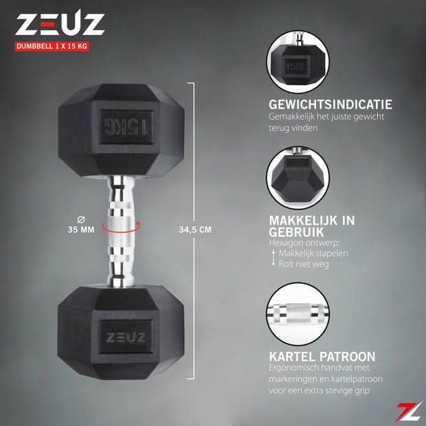 ZEUZ Hexa Dumbbell 1 Stuk 15 KG – Hexagon Gewichten – Crossfit, Fitness & Krachttraining