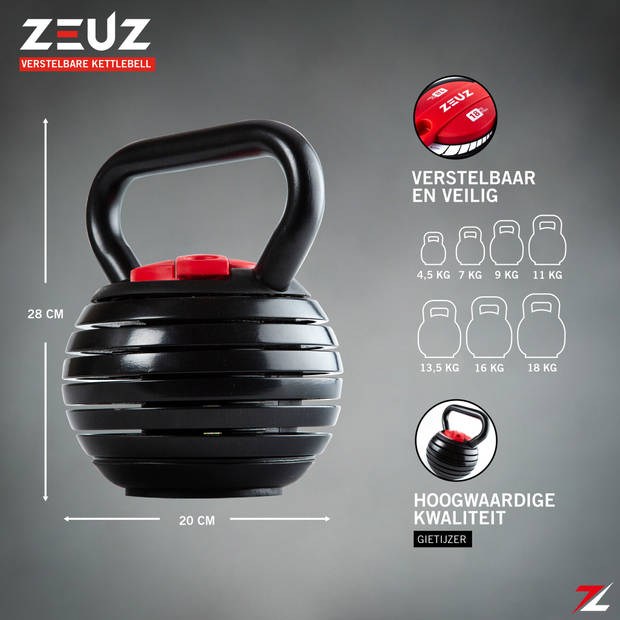 ZEUZ® Verstelbare Kettlebell tot 18 KG – Fitness Sport Set – Conditie & Krachttraining – Halters - Gietijzer