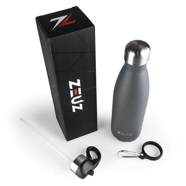 ZEUZ® Premium RVS Thermosfles & Drinkfles – Isoleerfles - Waterfles met Rietje - BPA Vrij – 500 ml - Donkergrijs