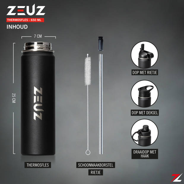 ZEUZ® Premium RVS Thermosfles & Drinkfles – Waterfles met Rietje - BPA Vrij – 700 ml - Mat Zwart
