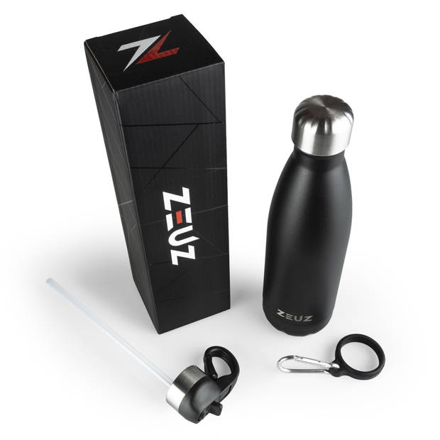 ZEUZ® Premium RVS Thermosfles & Drinkfles - Isoleerfles – Waterfles met Rietje - BPA Vrij – 500 ml - Mat Zwart