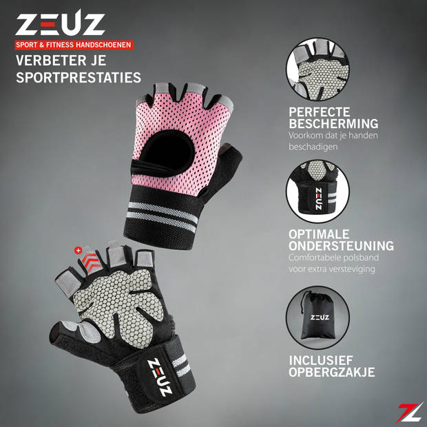 ZEUZ® Sport & Fitness Handschoenen Dames – Krachttraining Artikelen – Gym & Crossfit Training – Roze & Zwart – Maat L