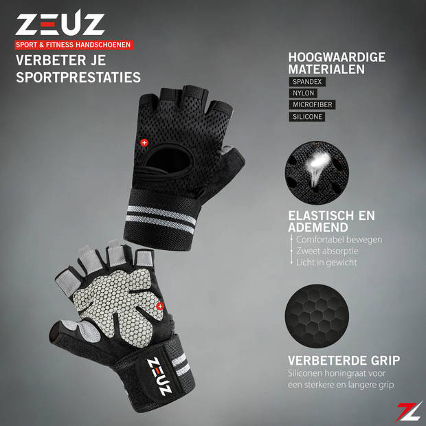 ZEUZ® Sport & Fitness Handschoenen Heren & Dames – Krachttraining – Crossfit – Grijs & Zwart – Maat XL
