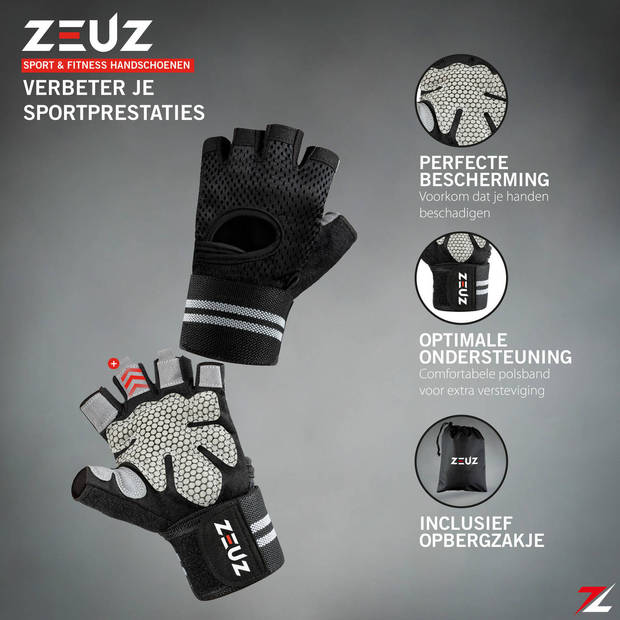 ZEUZ® Sport & Fitness Handschoenen Heren & Dames – Krachttraining – Crossfit – Grijs & Zwart – Maat L