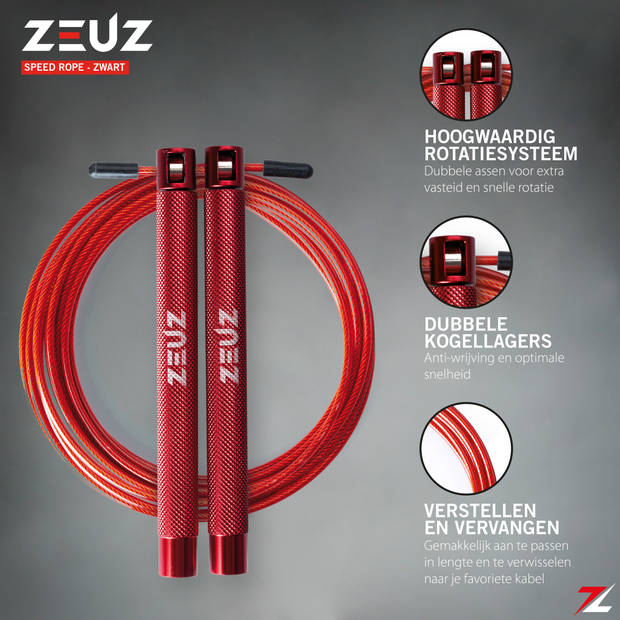 ZEUZ® Professioneel Crossfit & Fitness Springtouw – Verstelbaar – Volwassenen – Speed Sport Touw & Speedrope – Rood