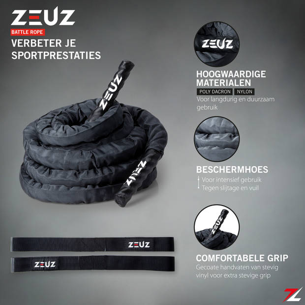 ZEUZ® Premium 9 Meter Battle Rope inclusief Nylon Sleeve & Bevestigingsmateriaal – Training Touw – Fitness & Crossfit