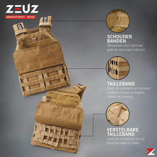 ZEUZ® Crossfit & Fitness Gewichtsvest 16,5 KG – Tactical Vest & Trainingsvest - Verstelbaar in Gewichten - Beige