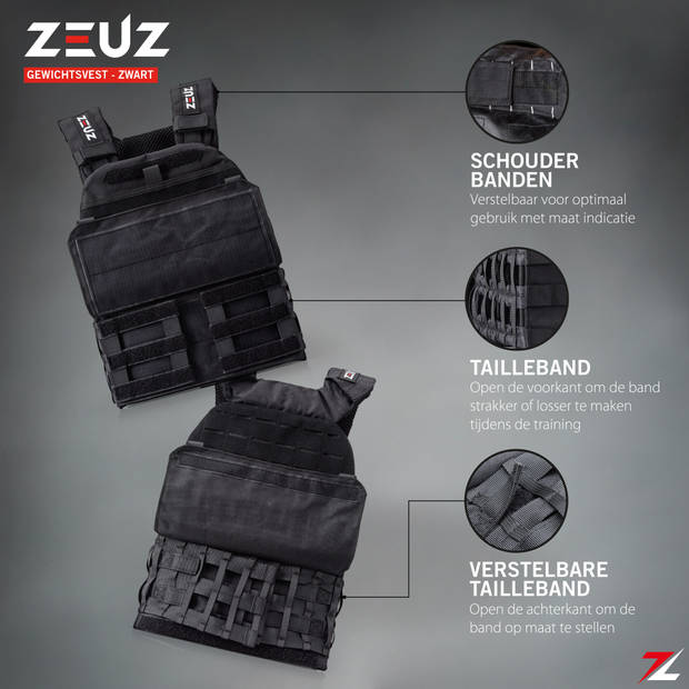 ZEUZ® Crossfit & Fitness Gewichtsvest 16,5 KG – Tactical Vest & Trainingsvest - Verstelbaar in Gewichten - Zwart