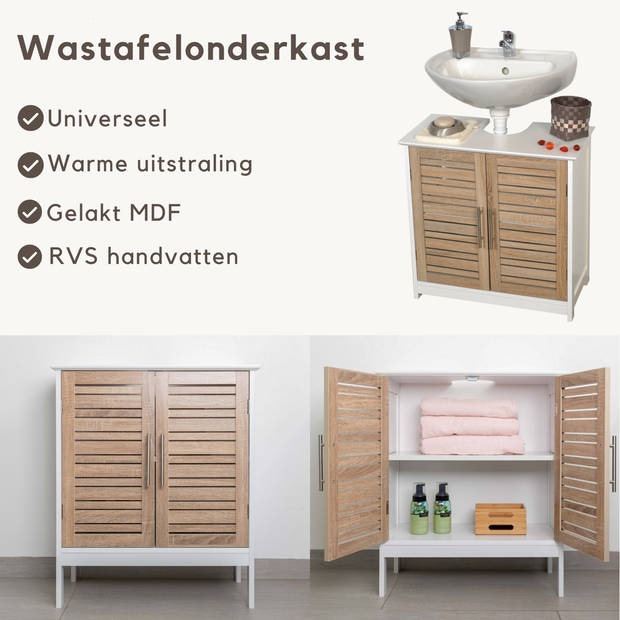 Wastafel onderkast - Wastafelmeubel - Badkamerkast - Wit/Eiken - H70 x B60 x D30