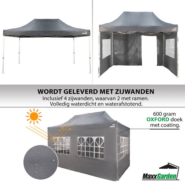 MaxxGarden Partytent - Paviljoen - 3x6m - Proffessioneel - Incl. Zijwanden en Draagtas - Waterdicht - Antraciet