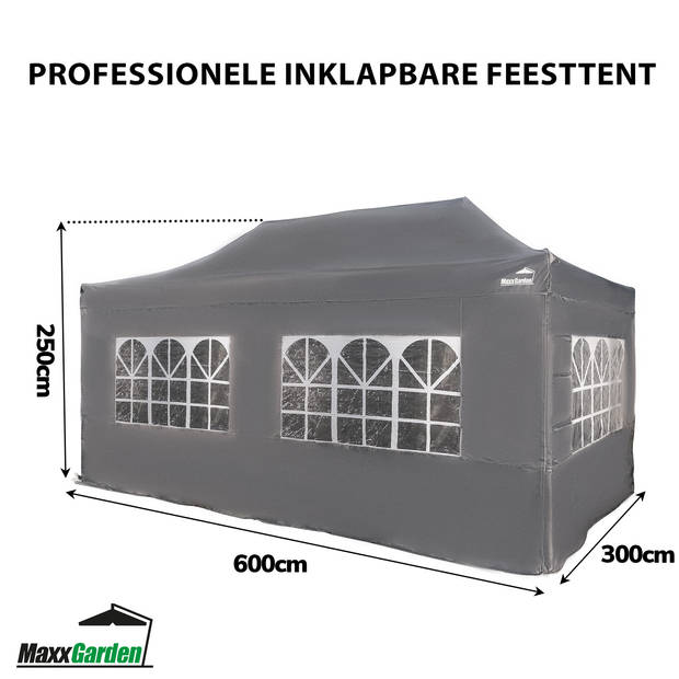 MaxxGarden Partytent - Paviljoen - 3x6m - Proffessioneel - Incl. Zijwanden en Draagtas - Waterdicht - Antraciet