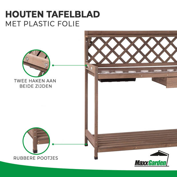 MaxxGarden Oppottafel - Plantentafel - Plantentafeltje - Plantenstandaard - Tuinwerktafel - 110x50x114cm - Hout - Bruin