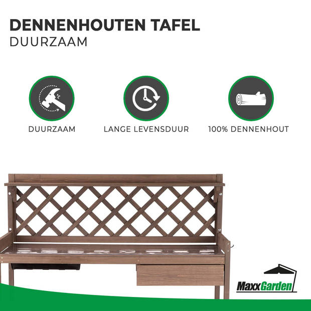 MaxxGarden Oppottafel - Plantentafel - Plantentafeltje - Plantenstandaard - Tuinwerktafel - 110x50x114cm - Hout - Bruin